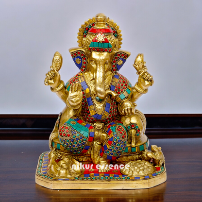 Brass Ganesh Vinayaka Murti with stone work idol - 13 inches Nikuressence