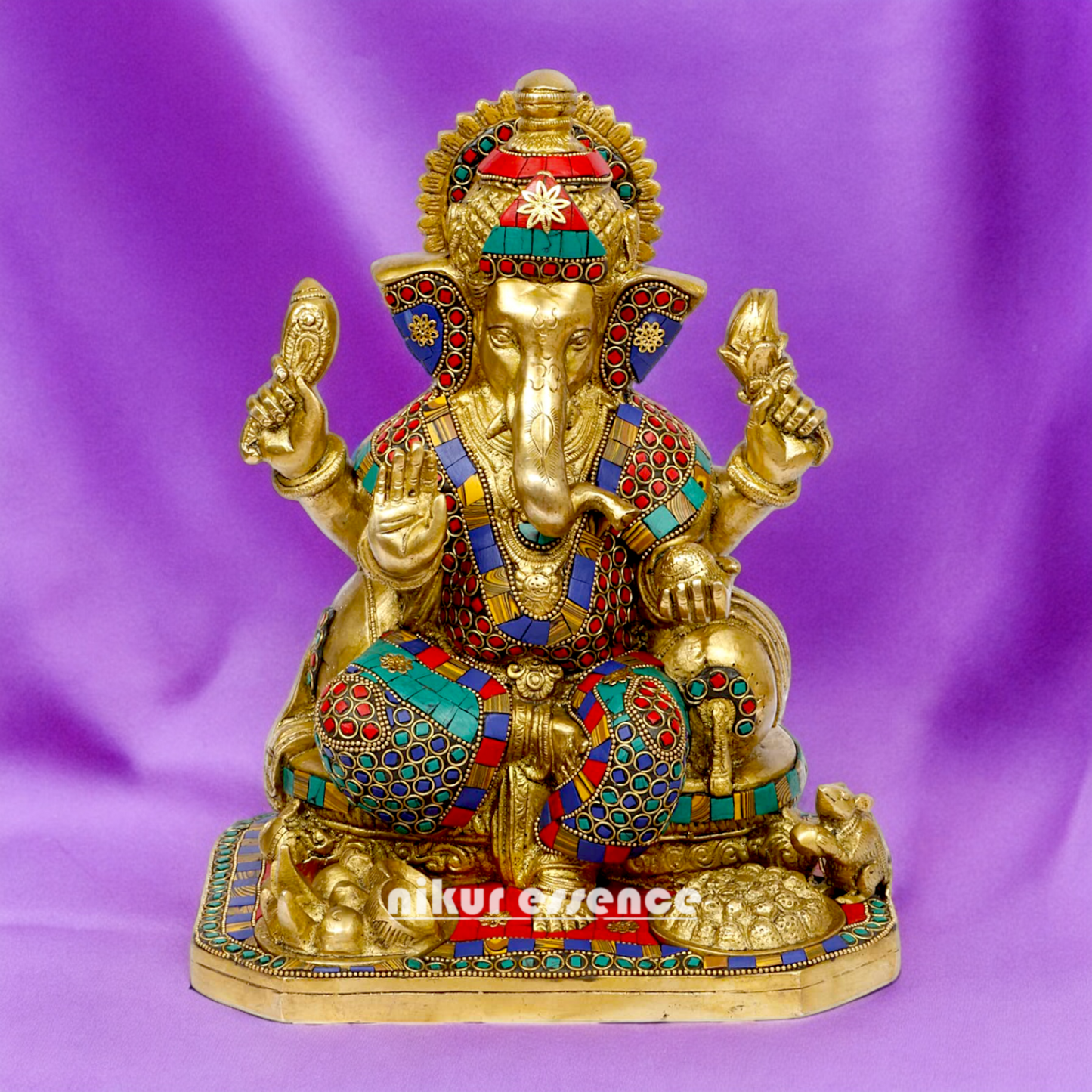 Brass Ganesh Vinayaka Murti with stone work idol - 13 inches Nikuressence