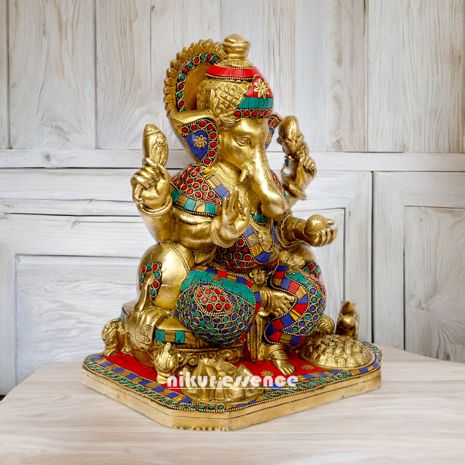 Brass Ganesh Vinayaka Murti with stone work idol - 13 inches Nikuressence