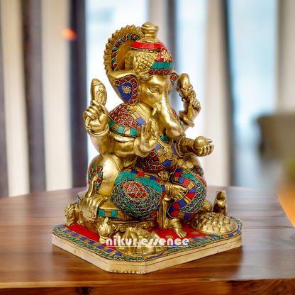 Brass Ganesh Vinayaka Murti with stone work idol - 13 inches Nikuressence