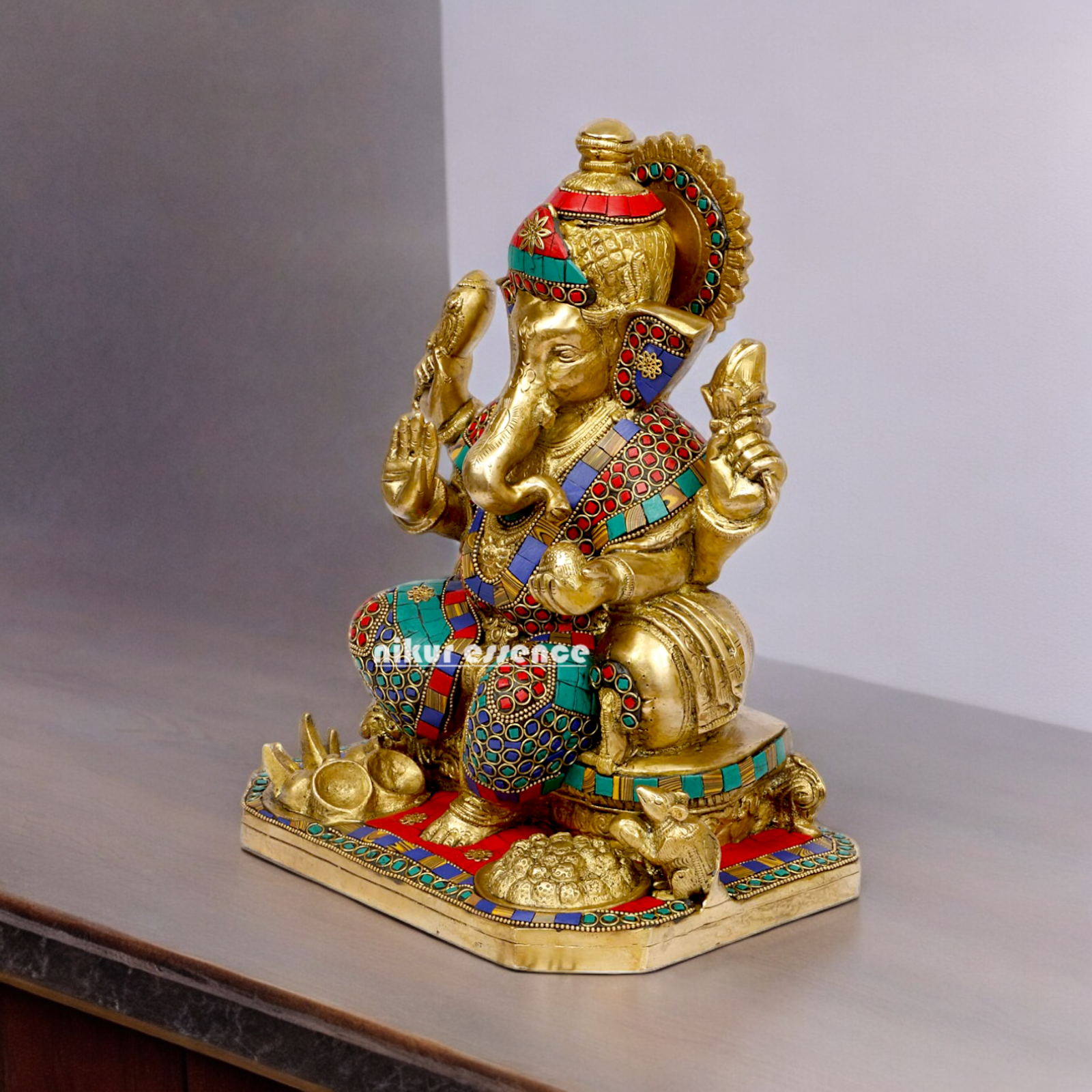 Brass Ganesh Vinayaka Murti with stone work idol - 13 inches Nikuressence