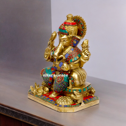 Brass Ganesh Vinayaka Murti with stone work idol - 13 inches Nikuressence