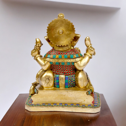 Brass Ganesh Vinayaka Murti with stone work idol - 13 inches Nikuressence