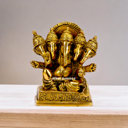 Lord Ganesha Ganpati panchmukhi Brass statue - 4.5 inches Nikuressence
