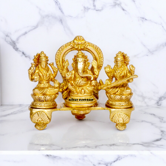 Goddess Lakshmi Ganesh Saraswati Sitting Solid brass idol - 6.5 inches Nikuressence