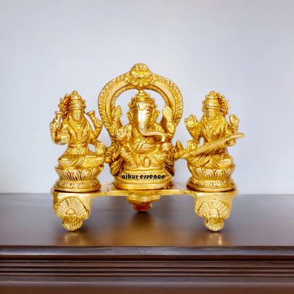 Goddess Lakshmi Ganesh Saraswati Sitting Solid brass idol - 6.5 inches Nikuressence
