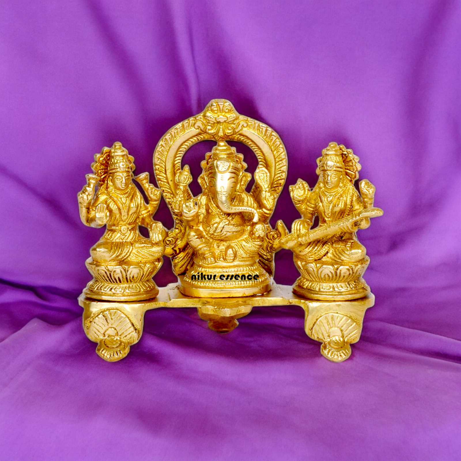 Goddess Lakshmi Ganesh Saraswati Sitting Solid brass idol - 6.5 inches Nikuressence