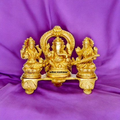 Goddess Lakshmi Ganesh Saraswati Sitting Solid brass idol - 6.5 inches Nikuressence