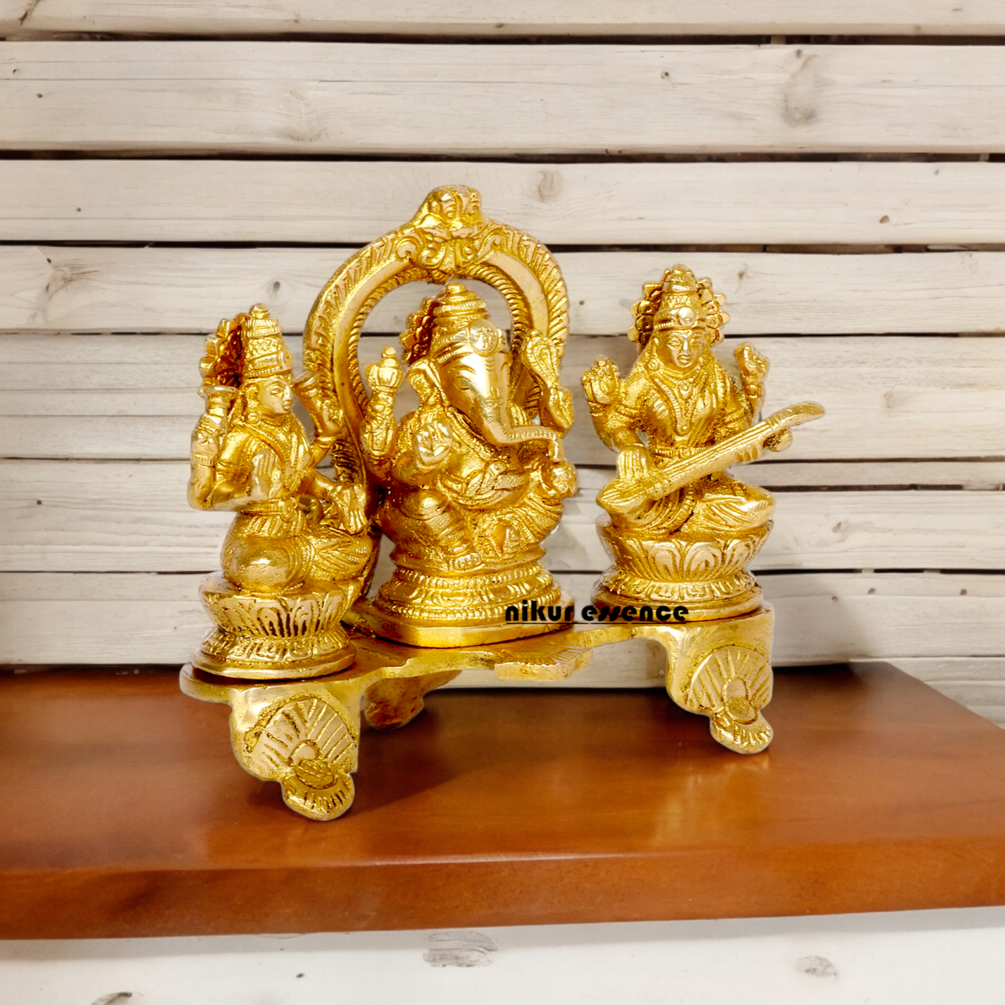 Goddess Lakshmi Ganesh Saraswati Sitting Solid brass idol - 6.5 inches Nikuressence