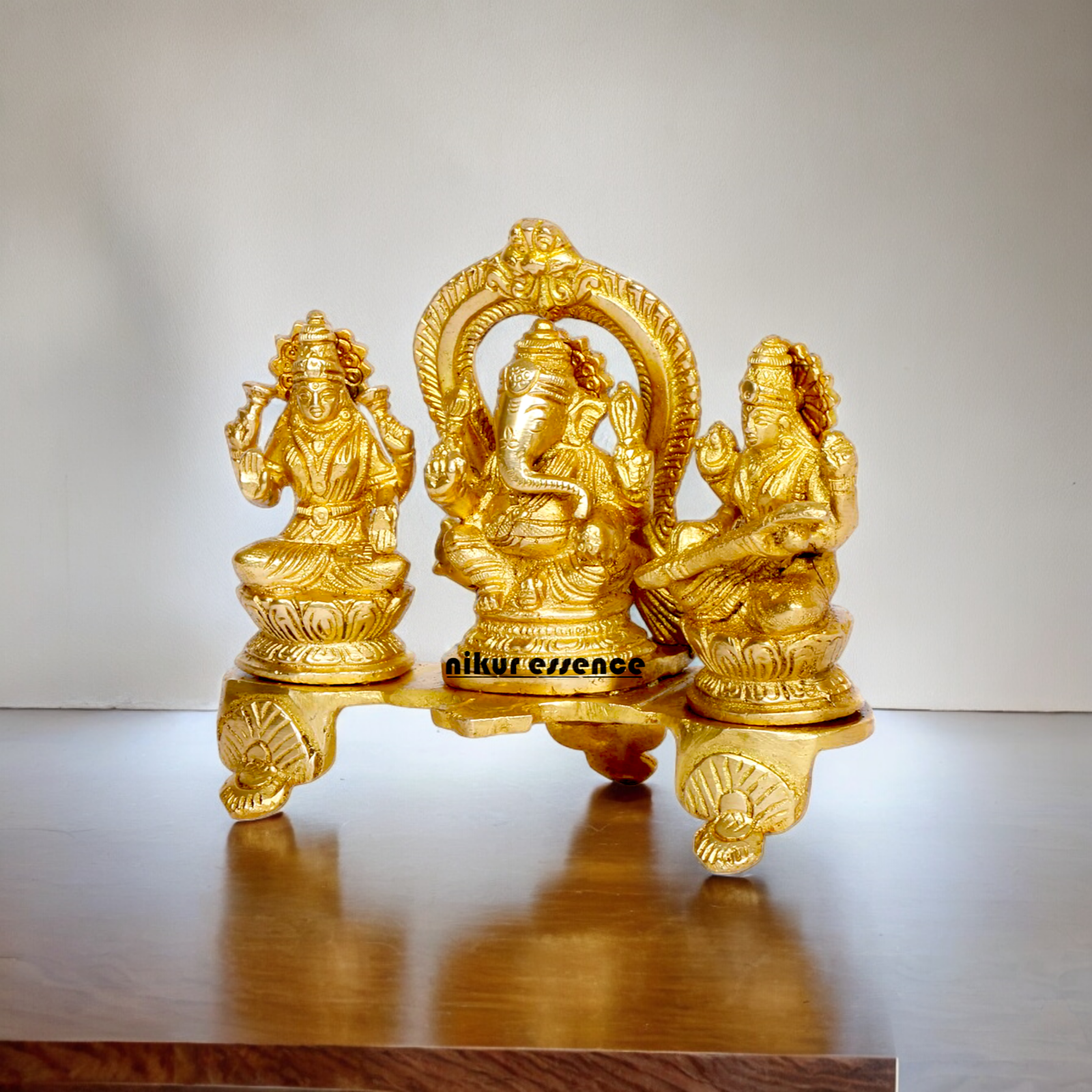Goddess Lakshmi Ganesh Saraswati Sitting Solid brass idol - 6.5 inches Nikuressence