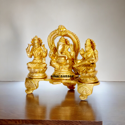 Goddess Lakshmi Ganesh Saraswati Sitting Solid brass idol - 6.5 inches Nikuressence