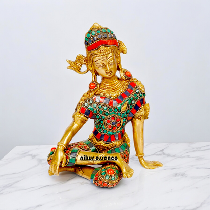 Lord Indra Dev Brass with Stone Work Idol - 9.5 inches Nikuressence