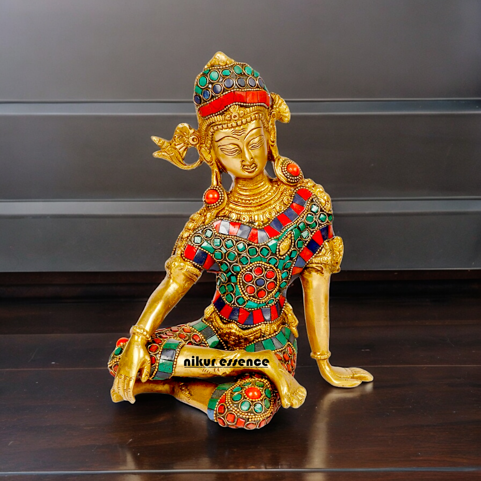Lord Indra Dev Brass with Stone Work Idol - 9.5 inches Nikuressence