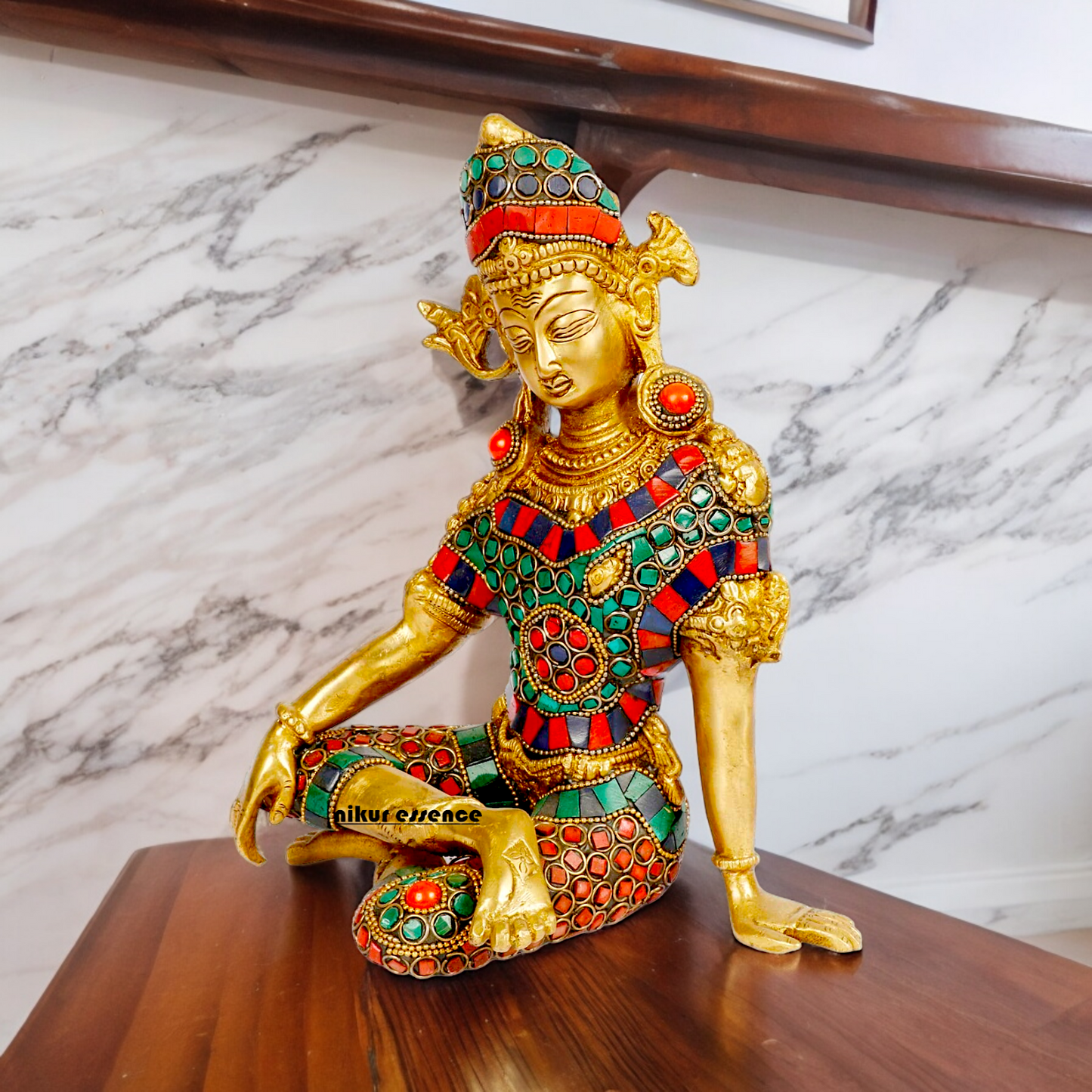 Lord Indra Dev Brass with Stone Work Idol - 9.5 inches Nikuressence