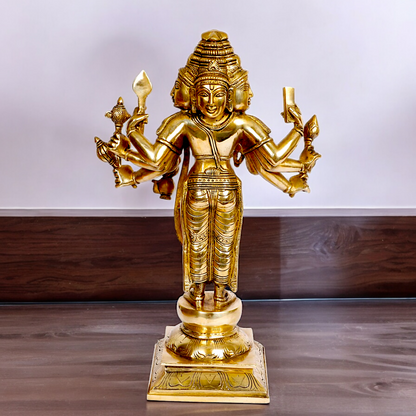 Lord Trimurti Brahma with four Face head Solid Brass idol - 15 inches Nikuressence