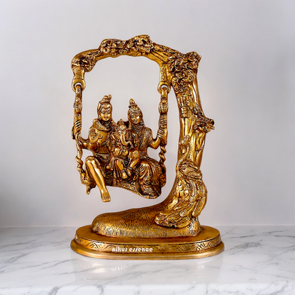 Solid Brass Shiva Parvati and Ganesh Family Sitting on Swing Jhula idol - 9.50 inches Nikuressence