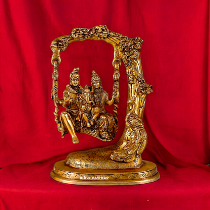 Solid Brass Shiva Parvati and Ganesh Family Sitting on Swing Jhula idol - 9.50 inches Nikuressence