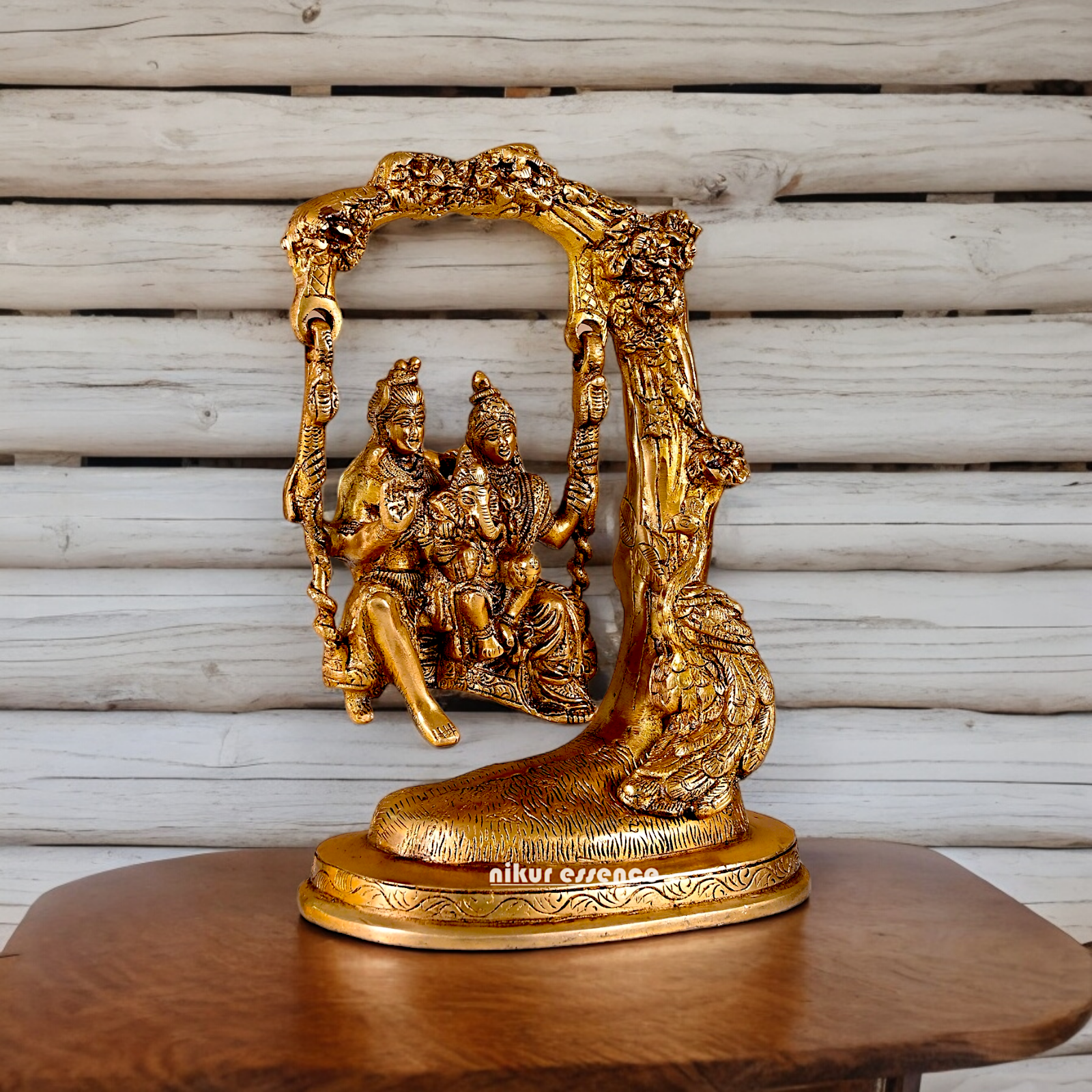 Solid Brass Shiva Parvati and Ganesh Family Sitting on Swing Jhula idol - 9.50 inches Nikuressence