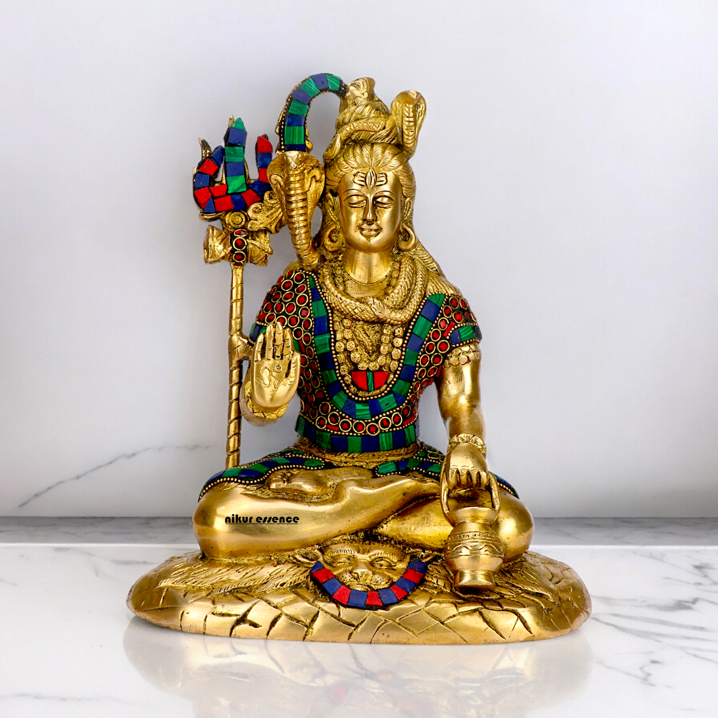 Lord Shankar Shiva sitting with Blessing Brass Stone work idol - 10 inches Nikuressence
