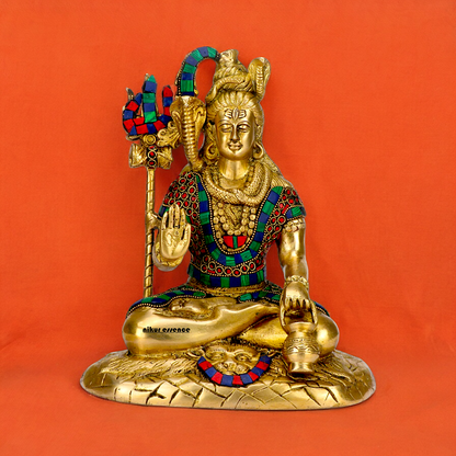 Lord Shankar Shiva sitting with Blessing Brass Stone work idol - 10 inches Nikuressence