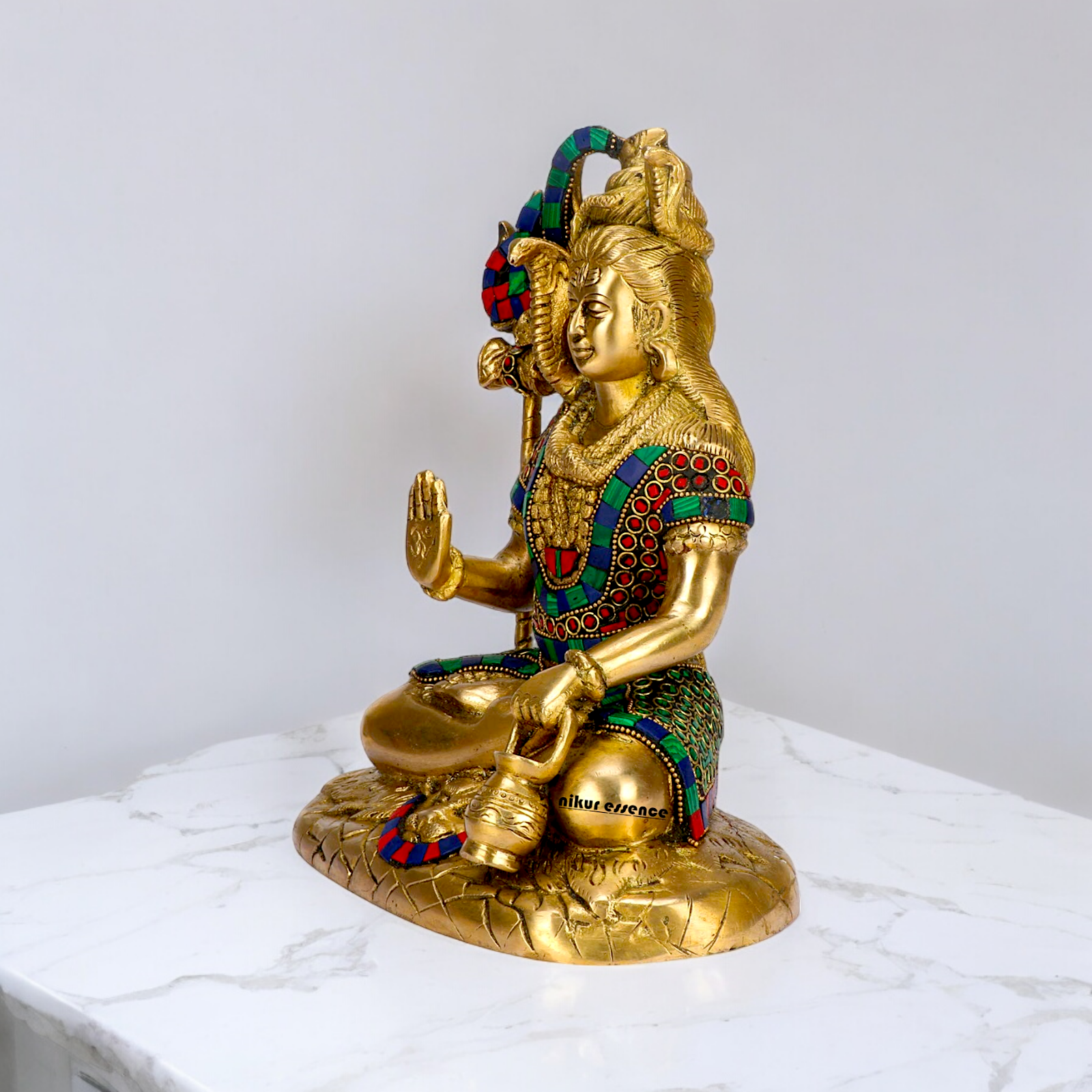Lord Shankar Shiva sitting with Blessing Brass Stone work idol - 10 inches Nikuressence