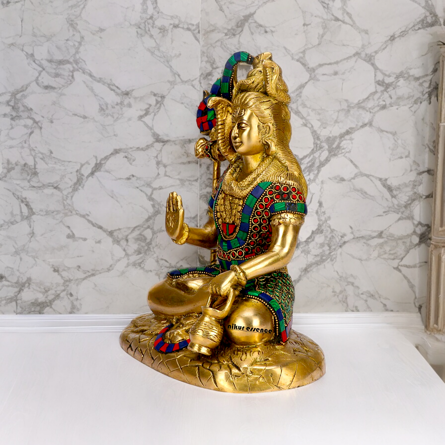 Lord Shankar Shiva sitting with Blessing Brass Stone work idol - 10 inches Nikuressence