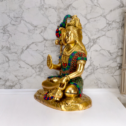 Lord Shankar Shiva sitting with Blessing Brass Stone work idol - 10 inches Nikuressence