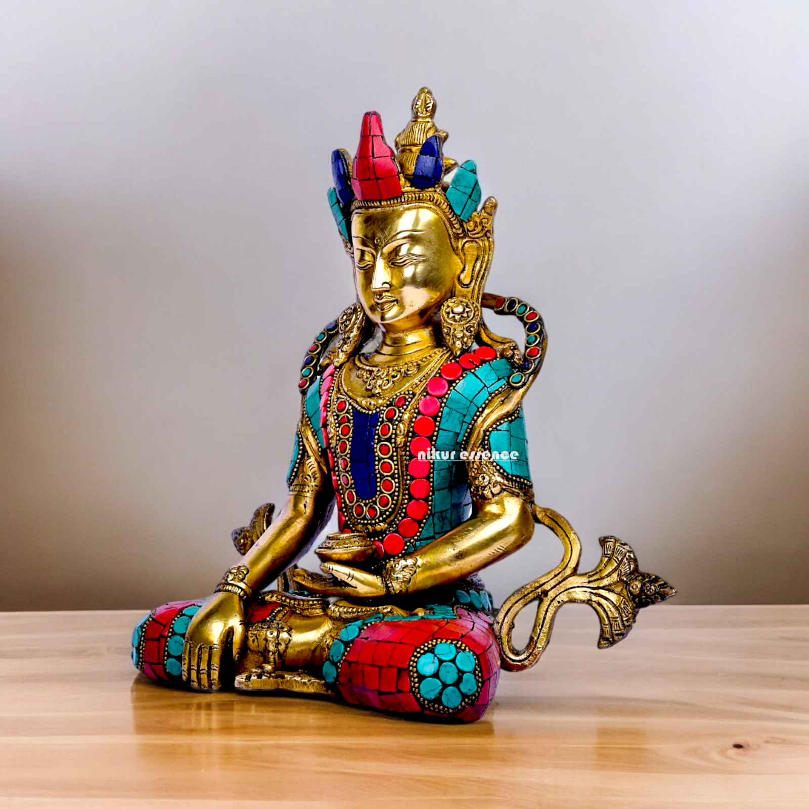 Large Tibetan Buddhist Tara Brass with stone work idol - 10 inches Nikuressence