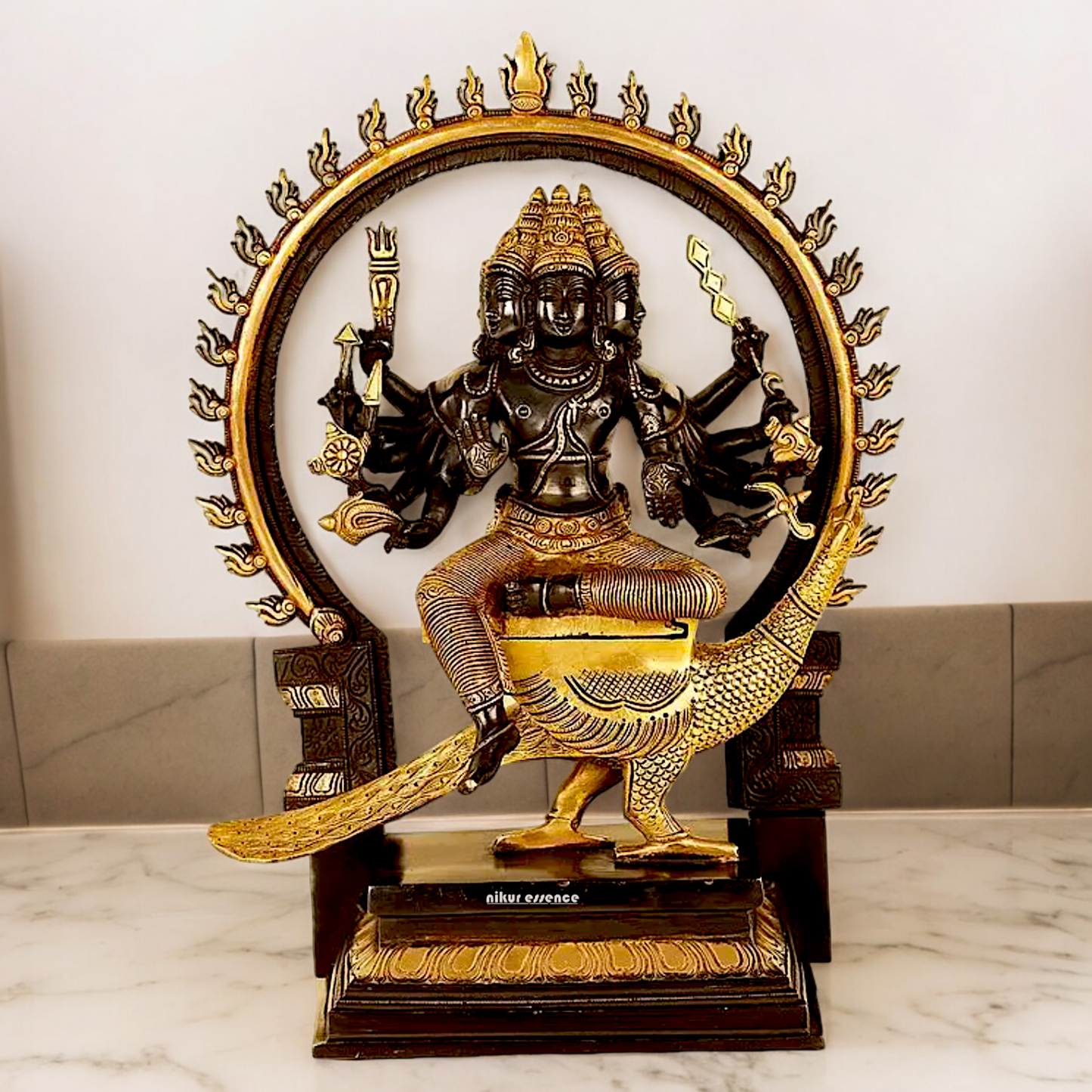 Large Six Faces Murugan brass idol - 17 inch Nikuressence