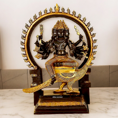 Large Six Faces Murugan brass idol - 17 inch Nikuressence