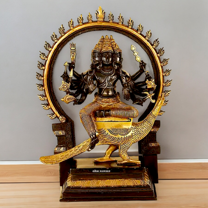 Large Six Faces Murugan brass idol - 17 inch Nikuressence