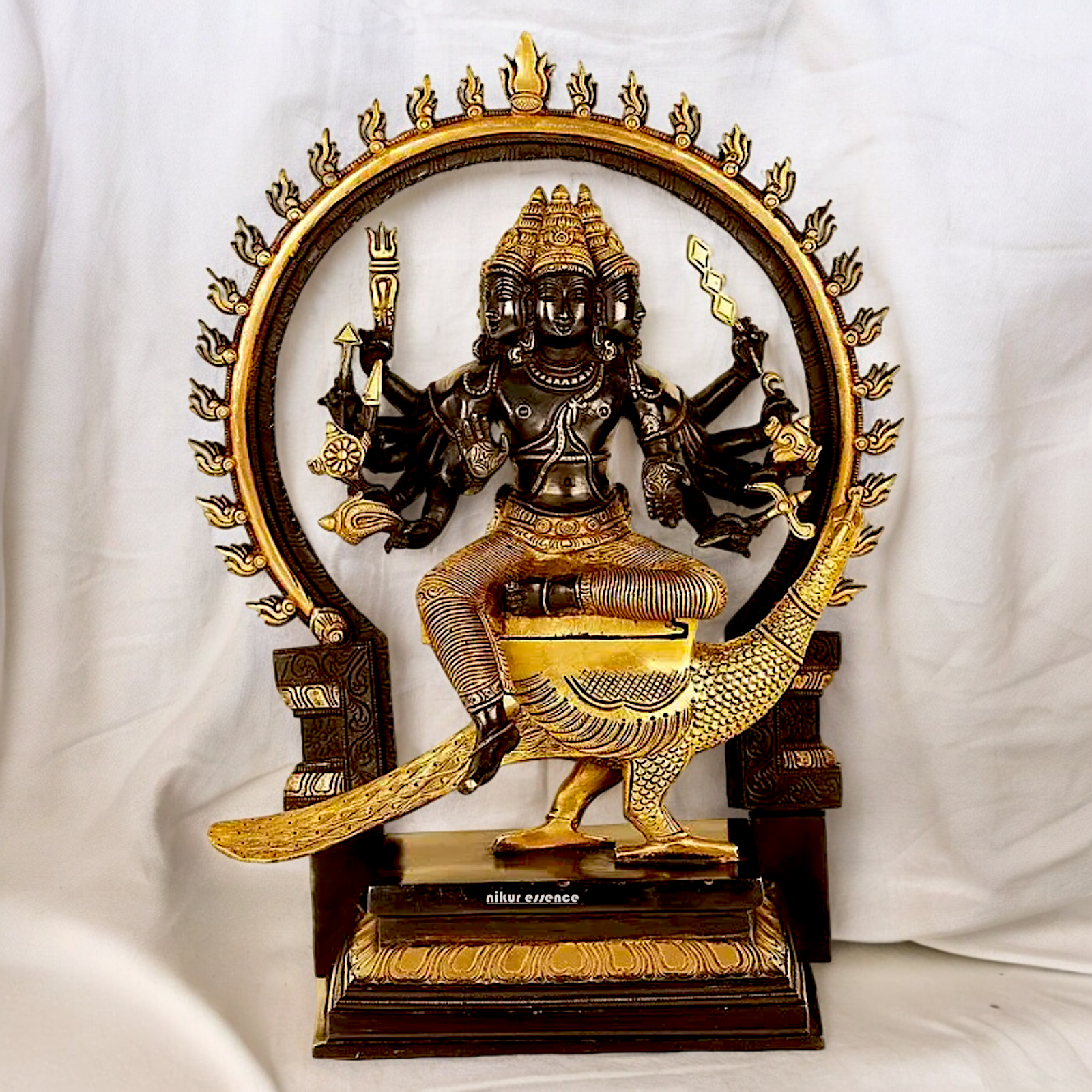 Large Six Faces Murugan brass idol - 17 inch Nikuressence