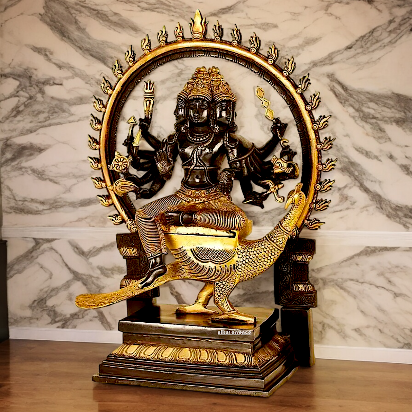 Large Six Faces Murugan brass idol - 17 inch Nikuressence