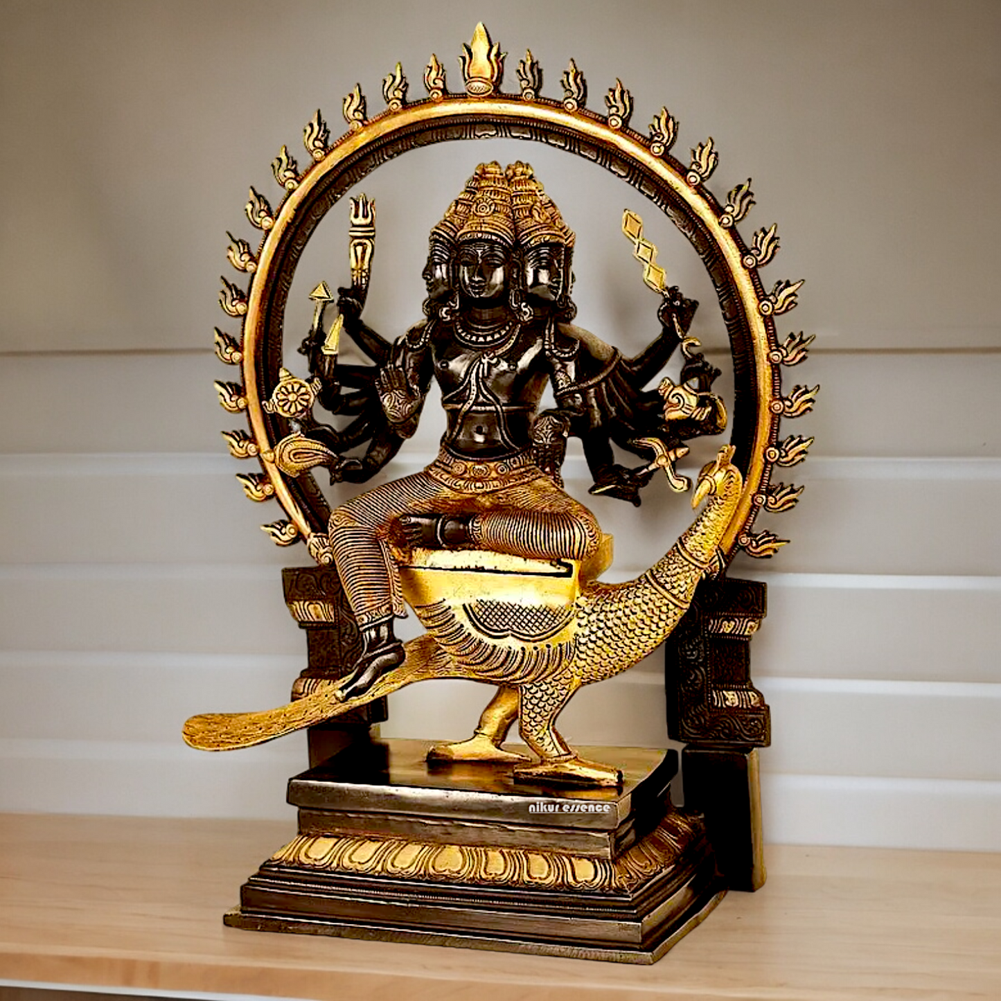 Large Six Faces Murugan brass idol - 17 inch Nikuressence