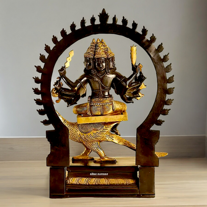 Large Six Faces Murugan brass idol - 17 inch Nikuressence