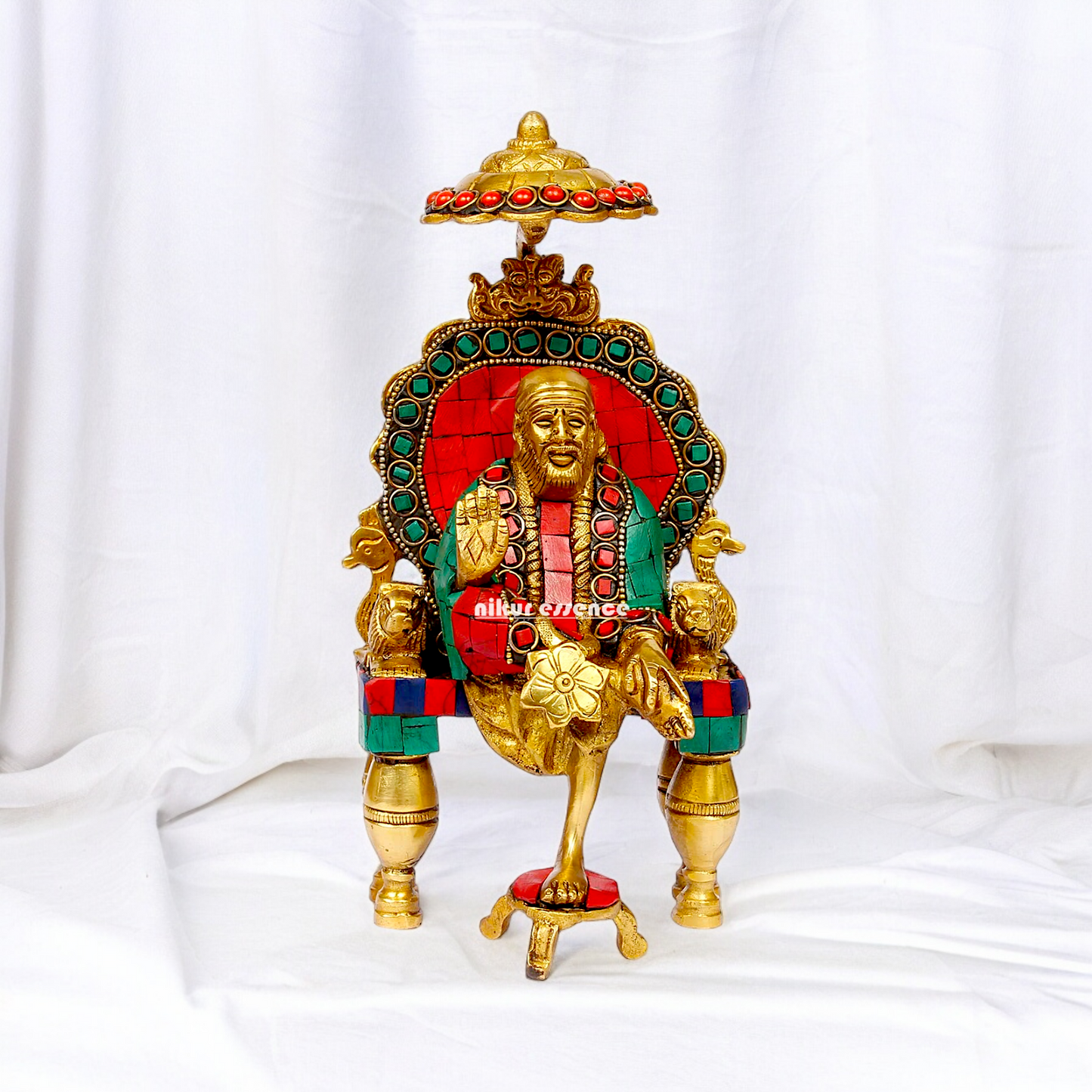 Online Sai Baba Sitting with Blessing Brass Stone Work Idol - 8 inch Nikuressence