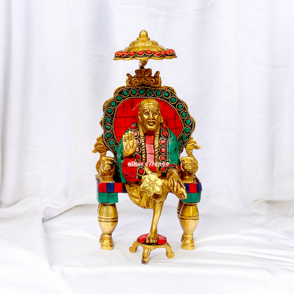 Online Sai Baba Sitting with Blessing Brass Stone Work Idol - 8 inch Nikuressence