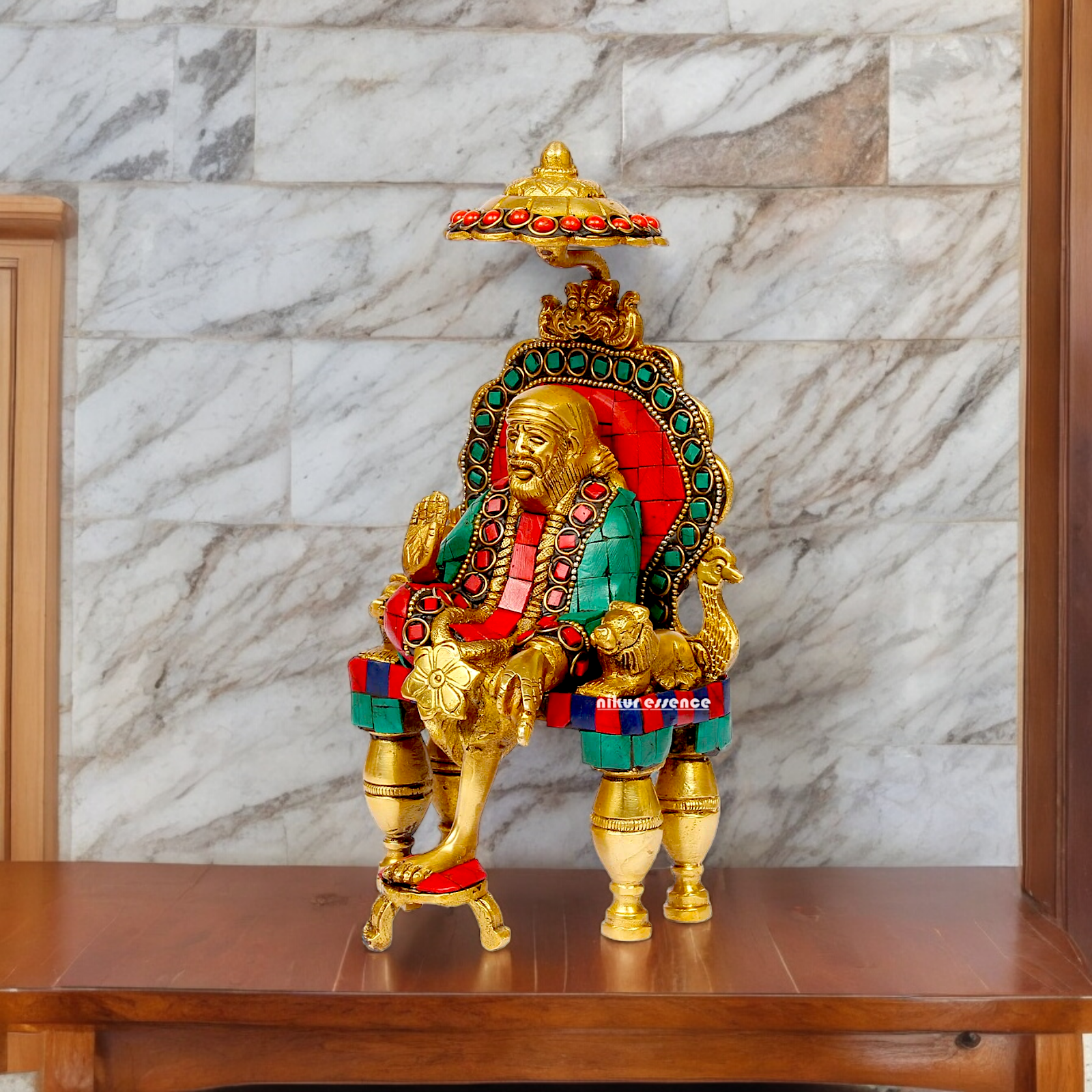 Online Sai Baba Sitting with Blessing Brass Stone Work Idol - 8 inch Nikuressence