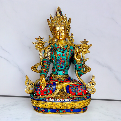 Goddess Tibetan Buddhist Tara Brass with Stone Work idol - 12 inch Nikuressence
