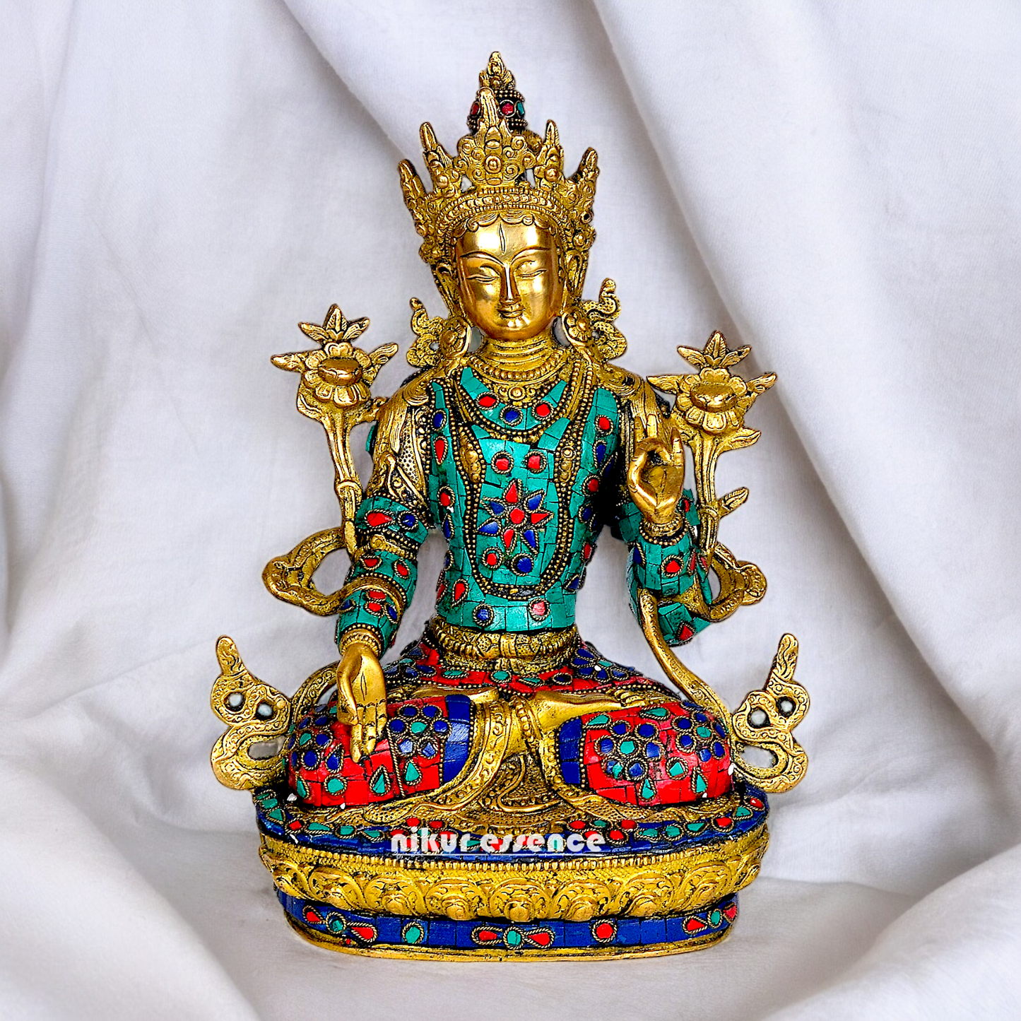 Goddess Tibetan Buddhist Tara Brass with Stone Work idol - 12 inch Nikuressence
