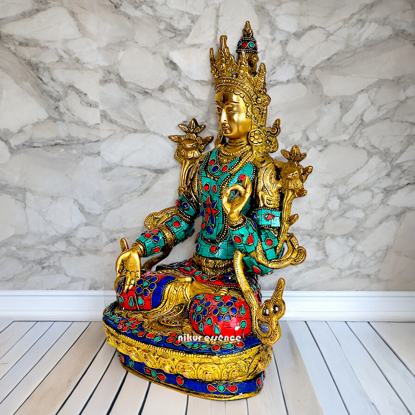 Goddess Tibetan Buddhist Tara Brass with Stone Work idol - 12 inch Nikuressence