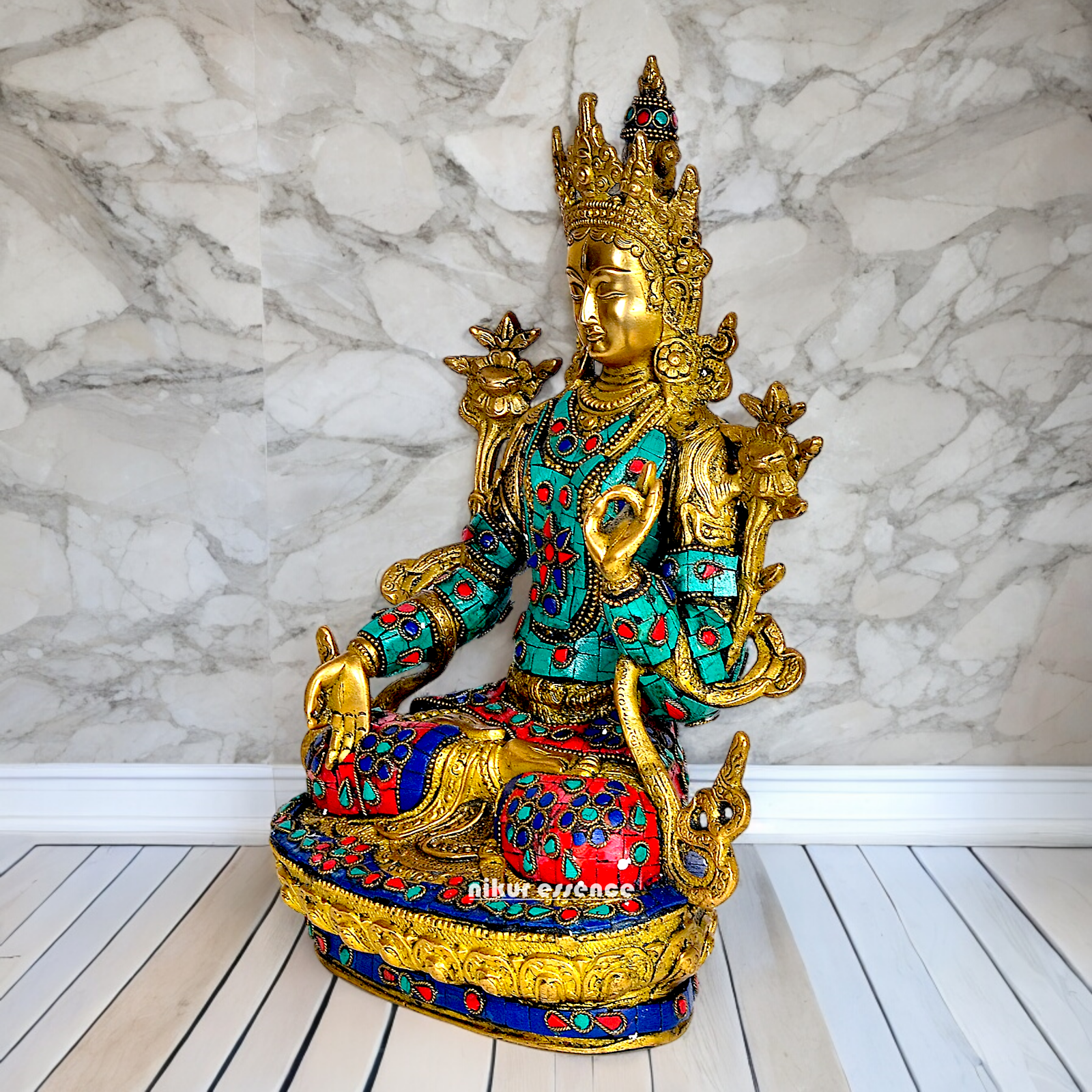 Goddess Tibetan Buddhist Tara Brass with Stone Work idol - 12 inch Nikuressence