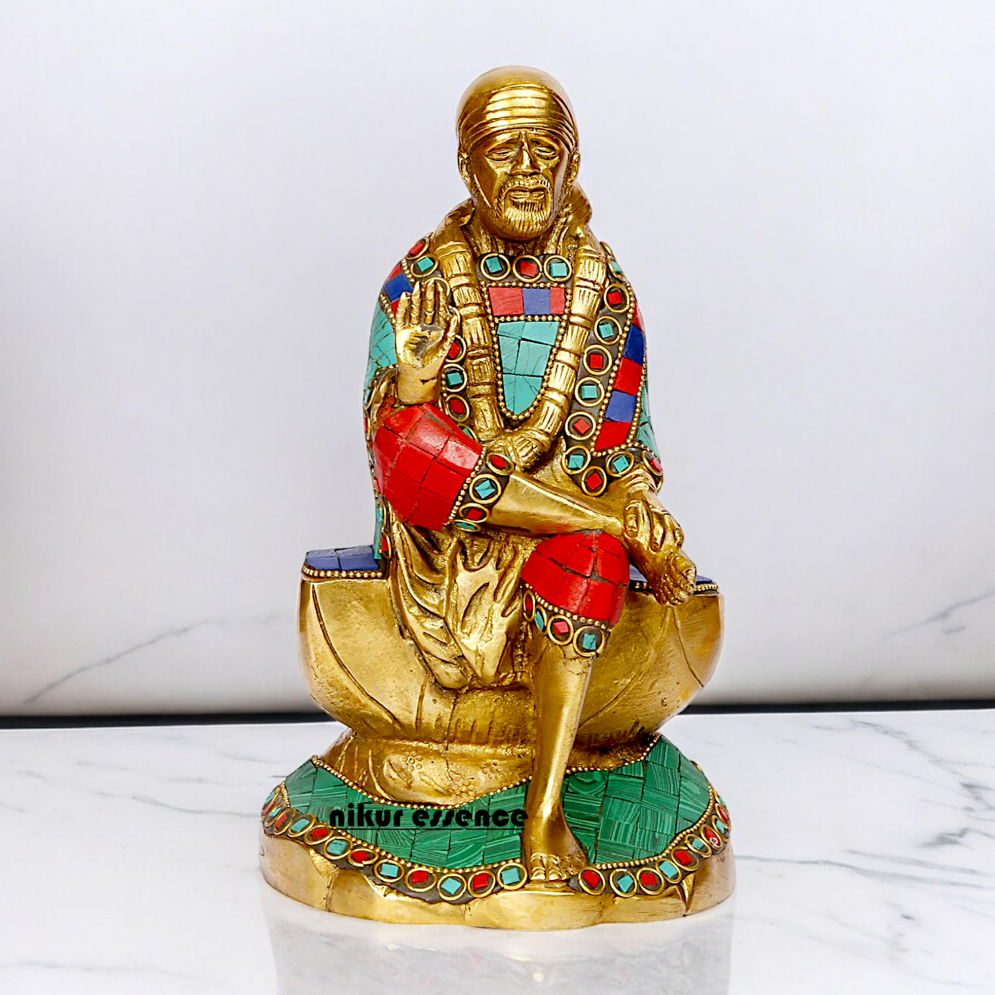 Shop Sai Baba with Blessing Brass Idol Stone work - 8 inch Nikuressence