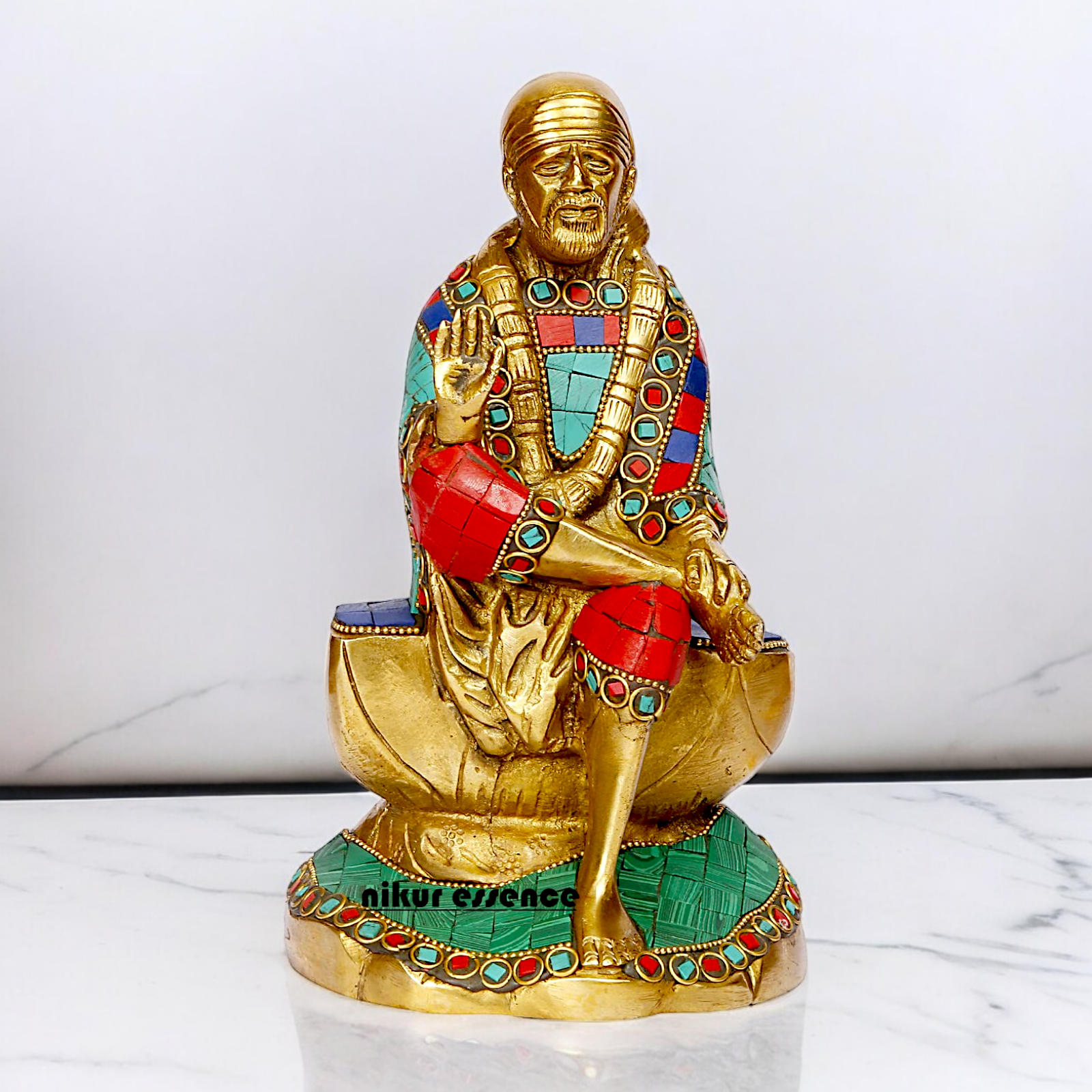 Shop Sai Baba with Blessing Brass Idol Stone work - 8 inch Nikuressence