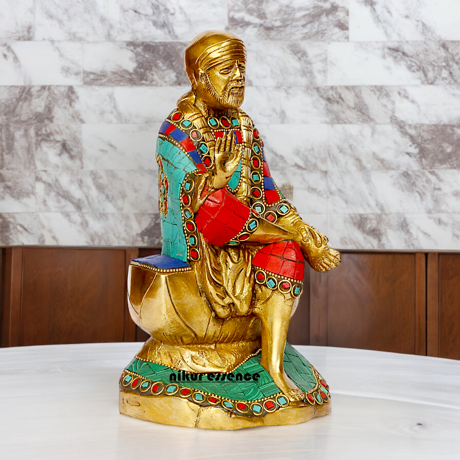 Shop Sai Baba with Blessing Brass Idol Stone work - 8 inch Nikuressence