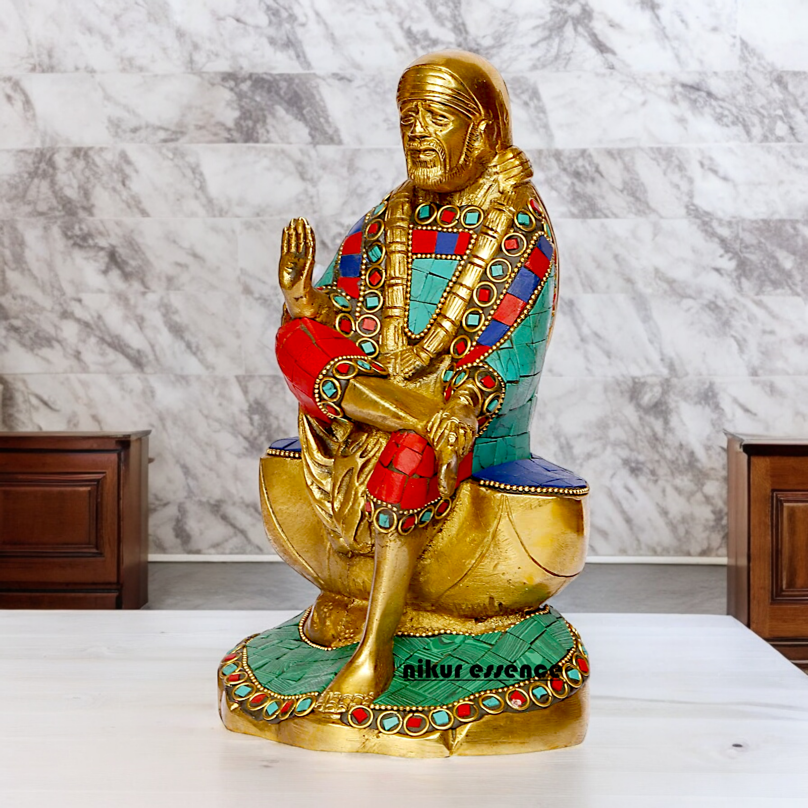 Shop Sai Baba with Blessing Brass Idol Stone work - 8 inch Nikuressence