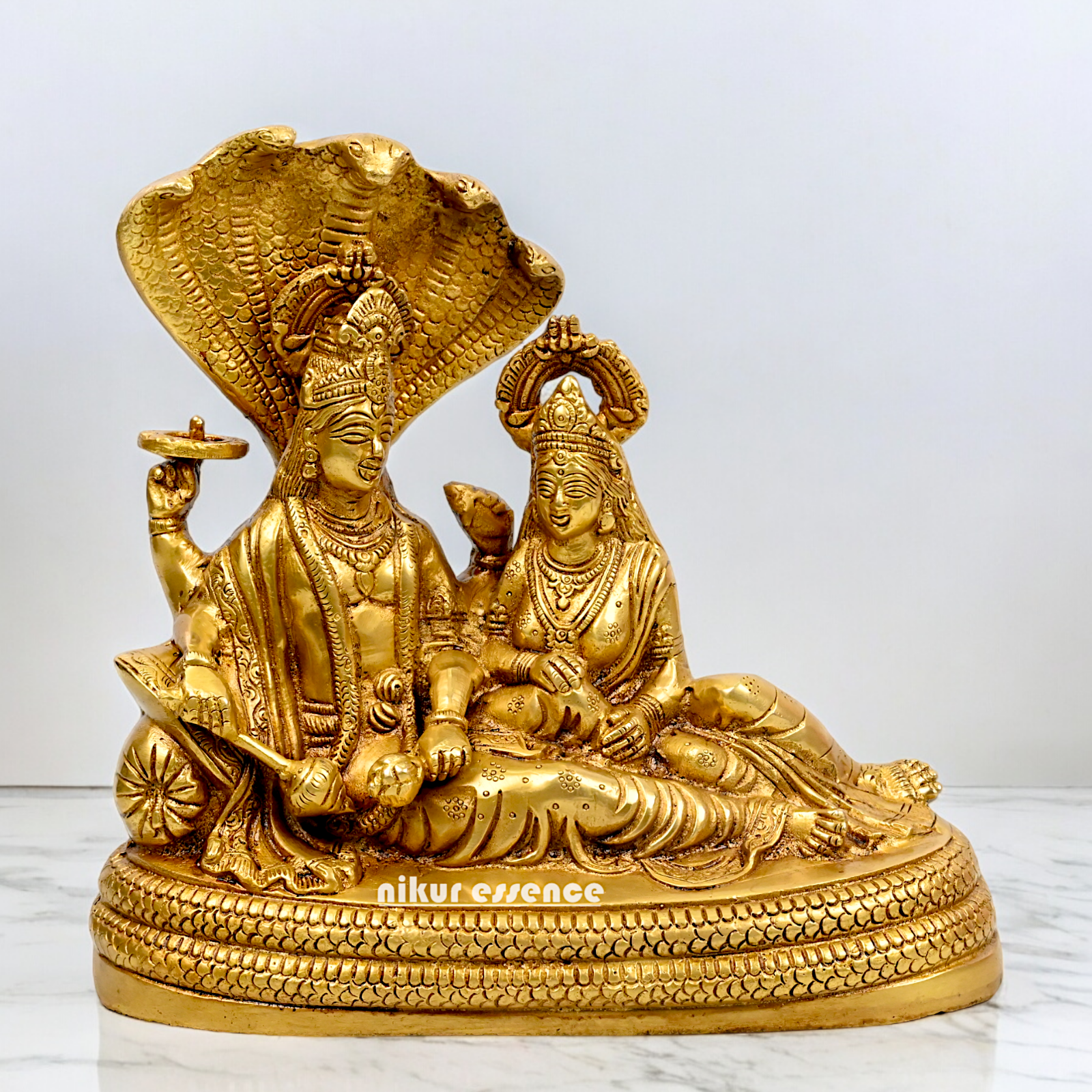Large Vishnu and Lakshmi Sitting on Sheshnag idol solid brass - 10 inches Nikuressence