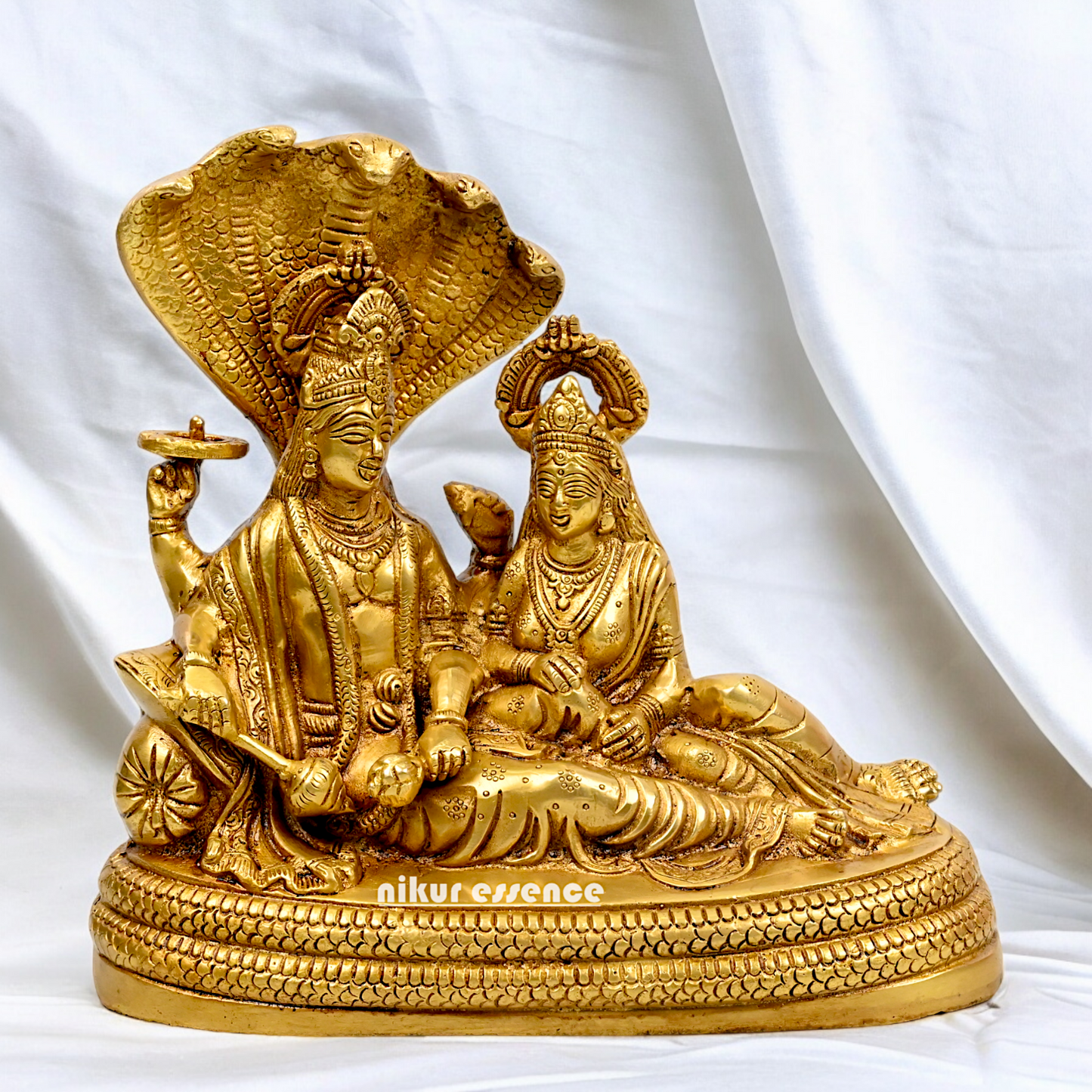 Large Vishnu and Lakshmi Sitting on Sheshnag idol solid brass - 10 inches Nikuressence