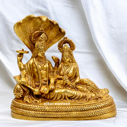 Large Vishnu and Lakshmi Sitting on Sheshnag idol solid brass - 10 inches Nikuressence
