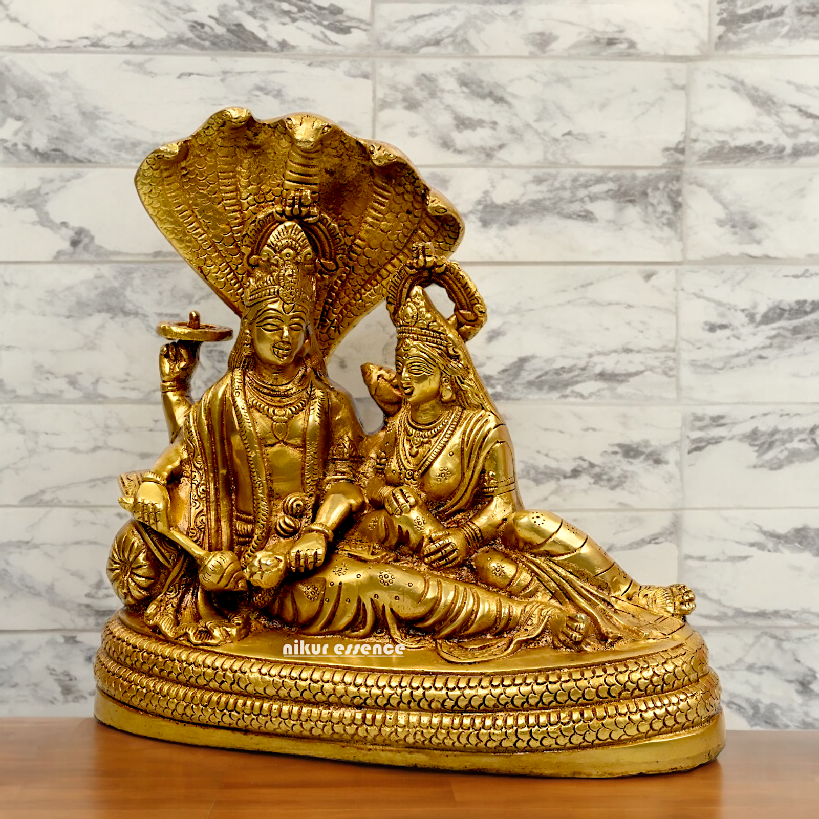 Large Vishnu and Lakshmi Sitting on Sheshnag idol solid brass - 10 inches Nikuressence